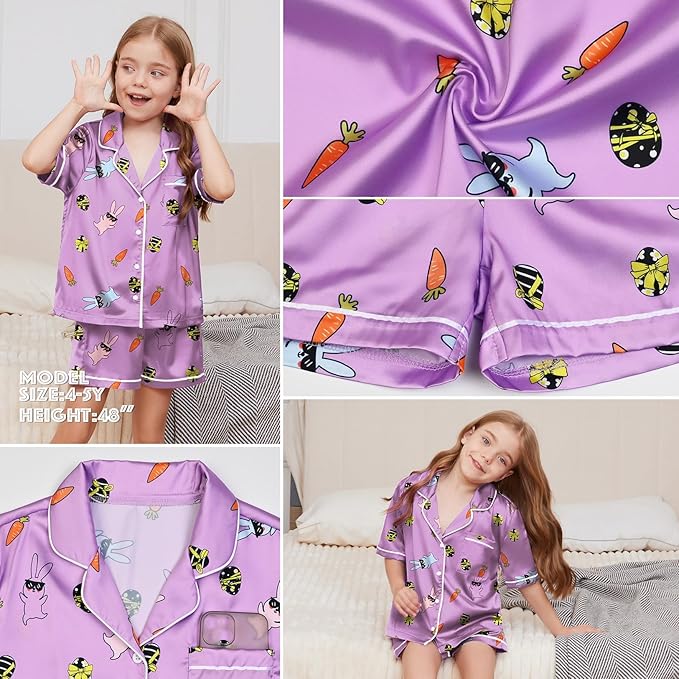 QPANCY Kids Satin Pajamas Sets Baby Boy Girl Button-Down Silk Sleepwear 2 Piece Short Sleeve Loungewear Clothes Set
