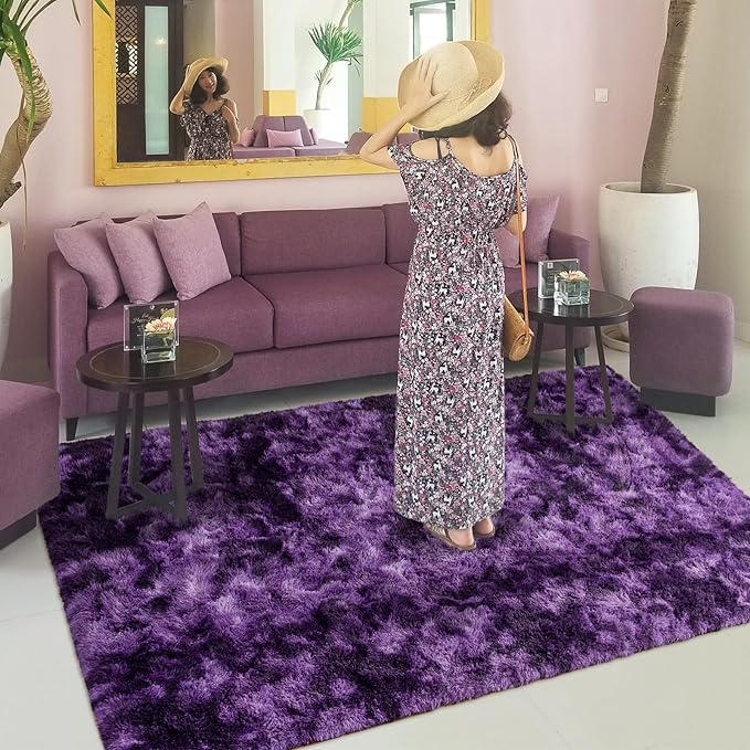 Softlife Dark Purple Area Rug for Living Room, Fluffy Shag Plush 5x8 Rugs for Bedroom Girls Kids, Shaggy Soft Fuzzy Tie Dyed Large Carpet for Dorm Bedside Ultra Cozy Non-Slip Indoor Decor