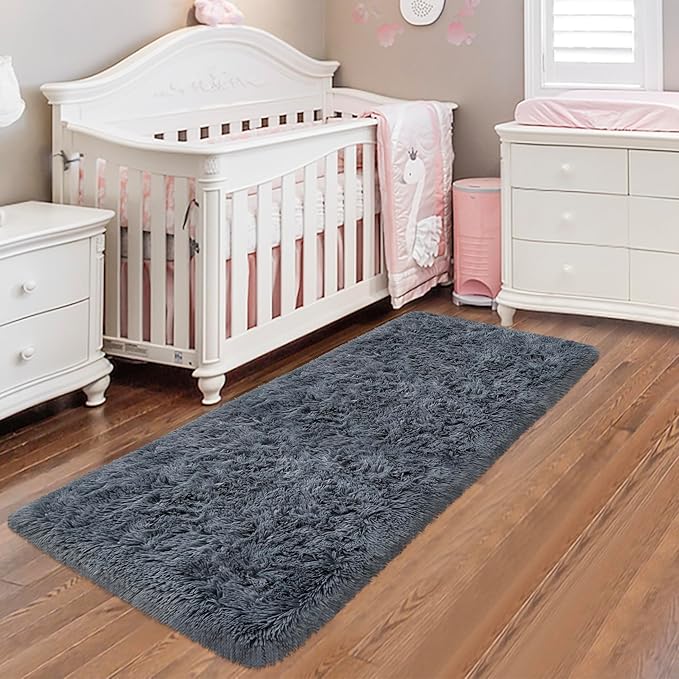 Runner Rug for Bedroom 2x6 Grey Fluffy Shaggy Rug Soft Plush Fuzzy Area Rug Bedside Runners for Hallway Kids Nursery Dorm Playroom Living Room with Non Slip Modern Indoor Decor Carpet