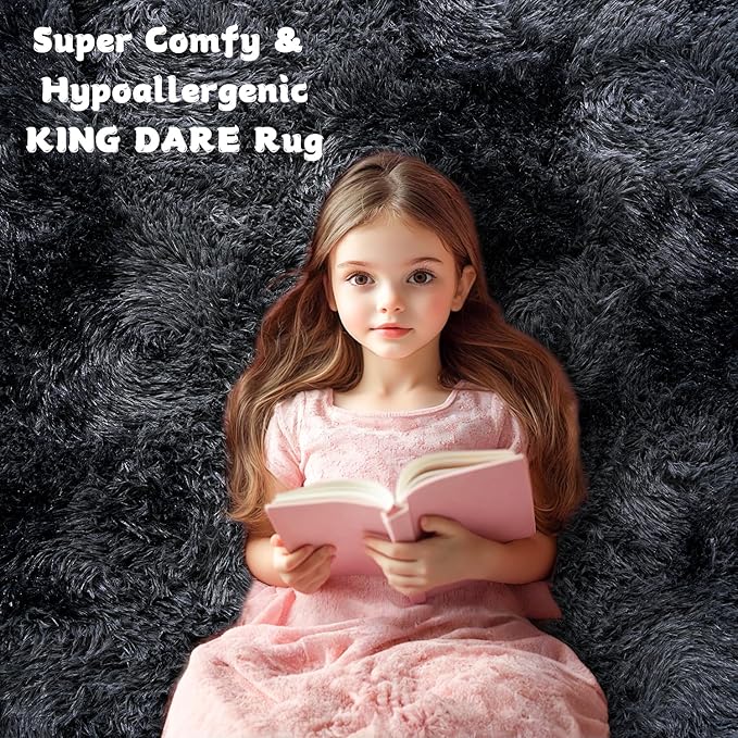 KING DARE 9x12 Area Rug for Living Room Plush Carpet, Soft Fluffy Shaggy Fuzzy Furry Large Tie-Dyed Black Gray Rug, Anti-Slip Washable Modern Floor Rug for Bedroom Home Aesthetic Decor