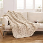 WESHIONGOO Chunky Knit Blanket Throw Knitted Throw Blankets for Couch Bed Fluffy Soft Blanket with Jumbo Chenille Yarn Thick 100% Handmade (Linen, 51"×63")