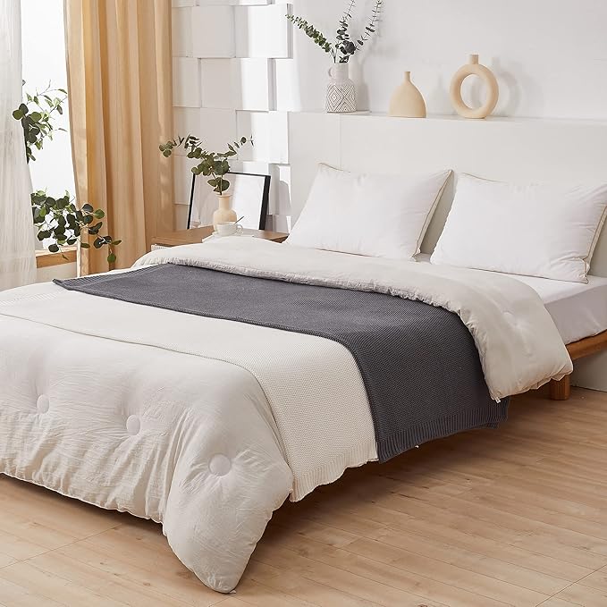 Longhui bedding Dark Grey 100% Cotton Lightweight Cable Knit Throw Blanket for Couch Sofa Bed Home Decorative, Bonus Laundering Bag, Dark Gray 50“ x 60”, Machine Washable