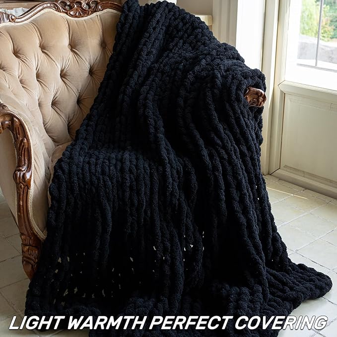 Chunky Knit Blanket - Luxury Soft Cozy 60 * 80 Throw Blanket,100% Woven Blanket Rope Knot Throw Blanket for Couch, Sofa, Home Decor, Gift - Machine Washable (Black, 60 * 80)