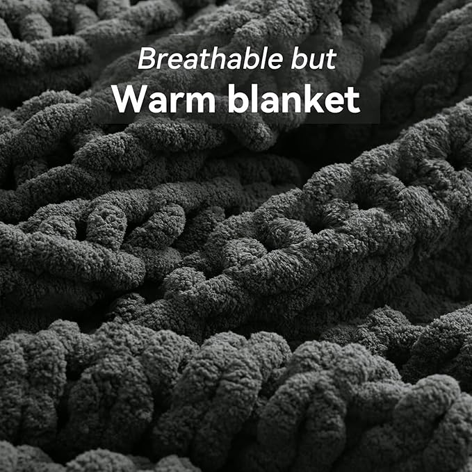 Negwoo Chunky Knit Throw Blanket, 40''*50'' Knitted Throw Chenille Yarn for Bed Couch, Handmade Dark Grey Crochet Big Thick Blanket, Machine Washable Cute Comfy Blanket for Home Decor