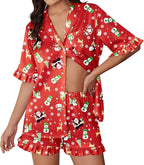 Ekouaer Womens Satin Pajamas Set 2 Piece Button Down Silk Pjs Ruffle Short Sleeve Shorts Set Notch Collar Sleepwear