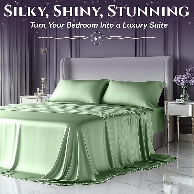 SLEEP SANCTUARY Satin Sheets Twin Size – 3 Piece Luxury Silky Bed Set, Softer Than Silk, 15" Deep Pocket, Cooling & Wrinkle-Free, Moisture-Wicking & Breathable for Hair & Skin (Sage Green)
