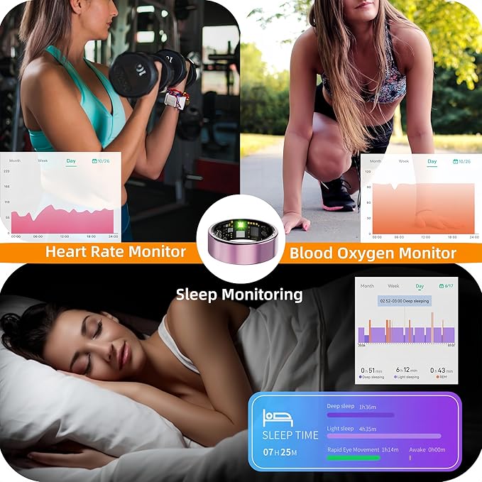 Smart Ring For Women Men, Health Tracker with Heart Rate/Blood Oxygen/Blood Pressure/Sleep Monitoring/Step Counting, IP68 Waterproof Fitness ring, No App Fees for iPhone & Android (Black, 06#)