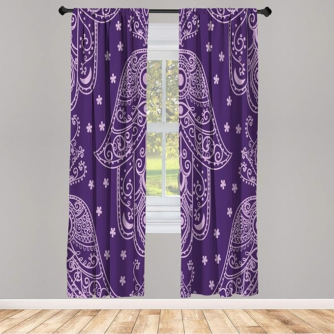 Lunarable Hamsa Window Curtains, Egyptian Boho Hand Shape Pattern Eye Design Bridal Night Inspired Art, Lightweight Decorative 2-Panel Set & Rod Pocket, Pair of - 28" x 84", Quartz Lilac