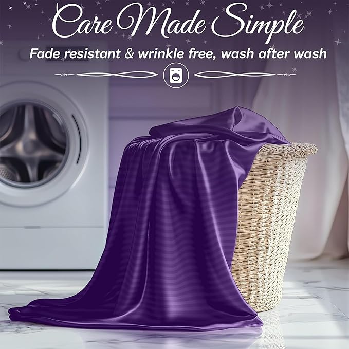 SLEEP SANCTUARY Satin Sheets Full Size – 4 Piece Luxury Silky Bed Set, Softer Than Silk, 15" Deep Pocket, Cooling & Wrinkle-Free, Moisture-Wicking & Breathable for Hair & Skin (Striped Purple)