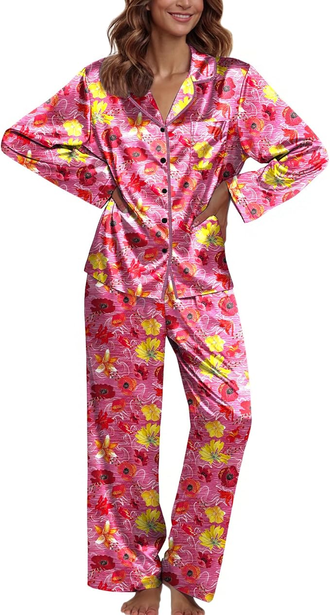 Ekouaer Pajamas For Women Set Silk Pjs 2 Piece Satin Sleepwear Long Sleeve Button Down Lounge Sets With Pant