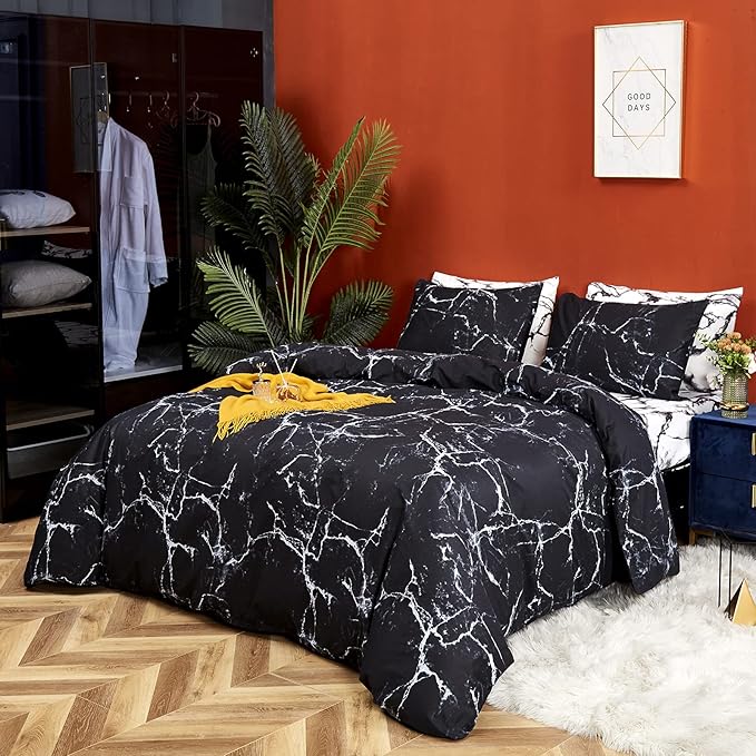 CLOTHKNOW Black Marble Queen Comforter Set Black Bedding Comforter Sets Black White Abstract Comforter Queen Men Women Queen Size Comforter Sets