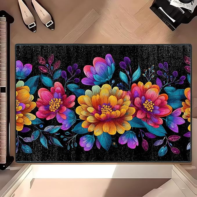 Flower Area Rug 2x3 ft Entry Rug Washable Boho Rugs Non Slip Low Pile Floral Door Mat Small Carpet for Bedroom, Bedside, Kids Room, Office, Dining Room
