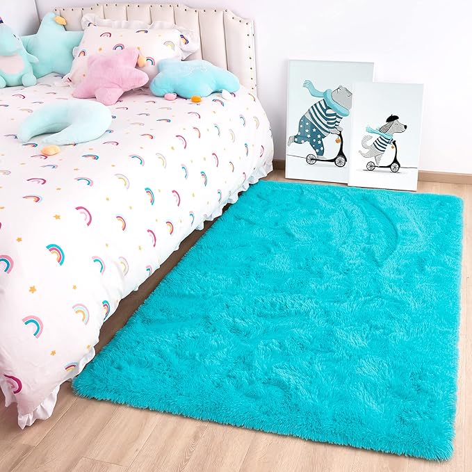 Noahas Fluffy Bedroom Rug,3x5 Feet Plush Fuzzy Teal Blue Area Rugs for Living Room, Non Slip Thick Soft Shaggy Nursery Furry Floor Dorm Kids Carpet