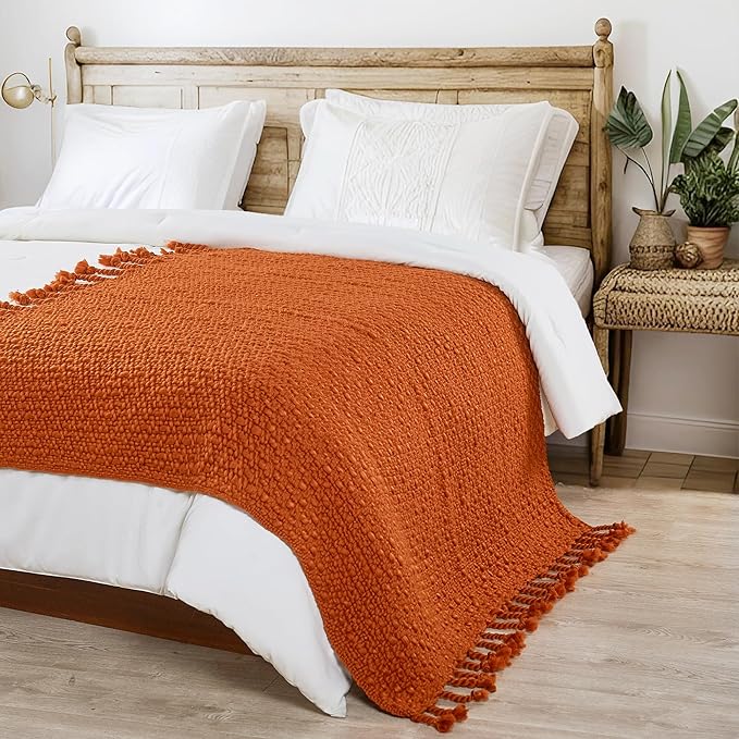 Home Soft Things Chunky Knit Basket Weave Throw Blanket 50"x60" - Boho Soft Microfiber with Braided Tassels - All Season Cozy Decorative Throw for Couch, Sofa, Bed, Indoor & Outdoor - Rust