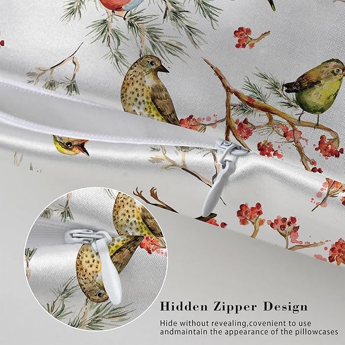 Silk Like Pillowcase for Hair and Skin Watercolor Forest Birds Floral 1 Pack Satin Pillowcase with Hidden Zipper Soft Breathable Smooth Cooling Pillow Cover King Size for Bedroom Sofa 20”x36”