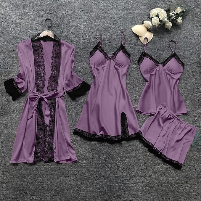 Women's 4pcs Silk Satin Pajamas Set Floral Lace Trim Dress with Robe Lounge Sleepwear Nightdress Novelty Loungewear