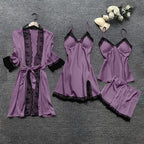 Women's 4pcs Silk Satin Pajamas Set Floral Lace Trim Dress with Robe Lounge Sleepwear Nightdress Novelty Loungewear