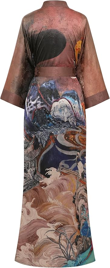 PRODESIGN Kimono Robes for Women - Long Silky Sleepwear Nightgown Bathrobe Floral Dressing Gowns Blouse Bride Bridesmaid Robe
