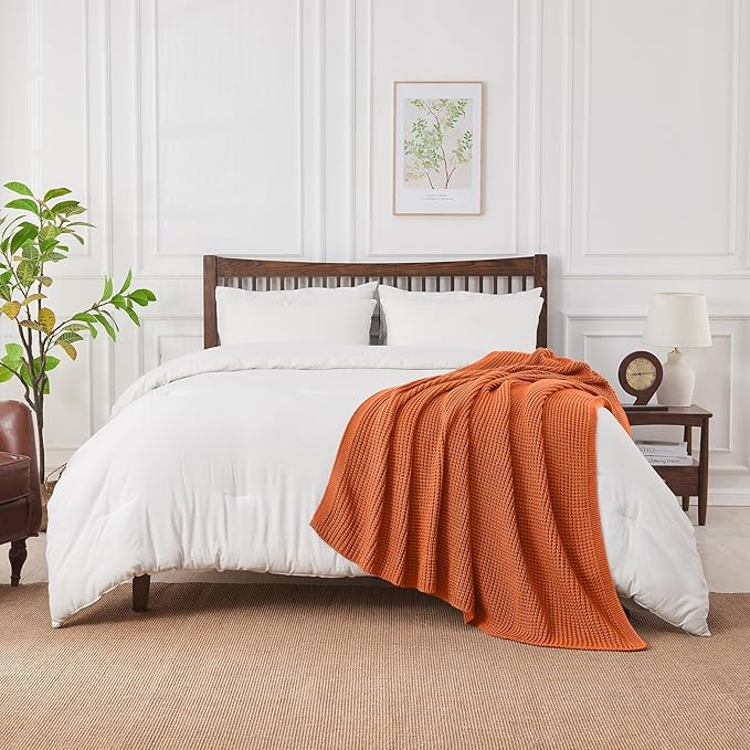Douceur Rust Orange Throw Blanket for Bed, Soft Chunky Cable Knit Throw Blanket, Classic Fisherman's Rib Stitch Pattern Throw for Living Room,60"X80"