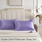 Purple Satin Pillowcase for Hair and Skin, Super Soft Vegan Silk Sleep Set-2 Satin Pillow Cases Standard Size, 1 Eye Mask, 1 Scrunchie, Self Care Essential Satin Night Routine Kit