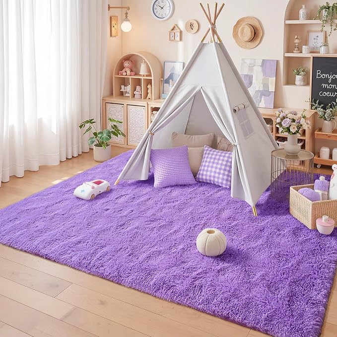 junovo Purple Washable Area Rug for Boys Bedroom Living Room, 4x5.3 Soft Non-Slip Fluffy Rugs, Shag Plush Memory Foam Carpet for Kids Room Baby Nursery Home Decor