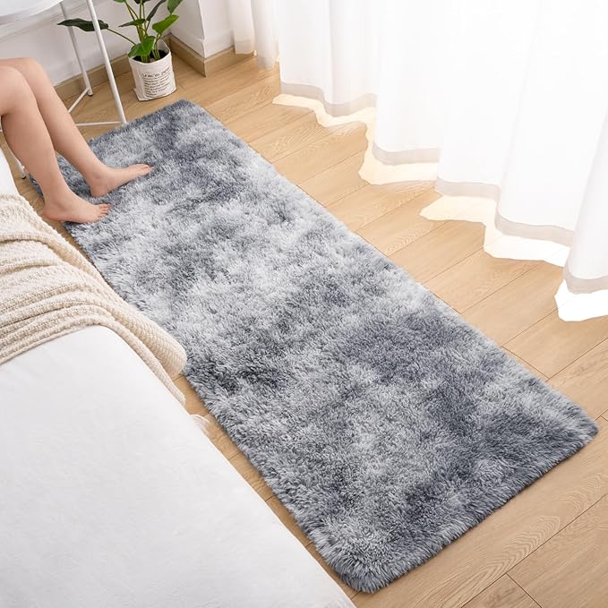 Softlife Area Rug for Bedroom, Fluffy Shag Plush Tie Dyed Rainbow Grey for Living Room Girls, Shaggy Throw Carpet for Kids Soft Fuzzy Runner Small 2x6 Runners for Hallways Dorm