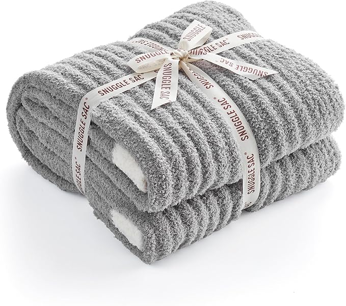 Snuggle Sac Fluffy Grey Blanket Twin Size, Soft Luxurious Knit Fuzzy Microfiber Blankets for Couch, Sofa, Bed, Grey, 60x80 inches