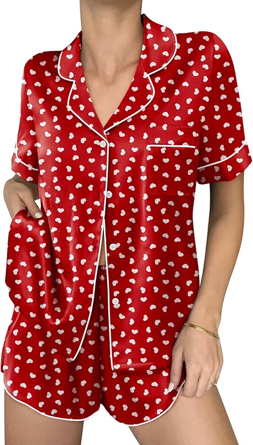 Ekouaer Womens Silk Satin Pajama Sets 2 Piece Button Down Silk Pjs Shorts Sets Cute Print Short Sleeve Sleepwear S-4XL