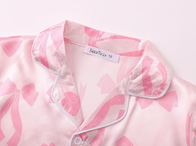 Beezizac Little & Big Girls Satin Silky Button Pajama Summer Short Sleeves Set Trendy Outfit Kid Size 6-16