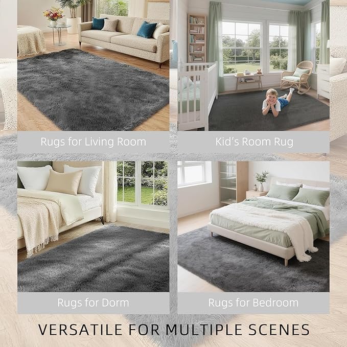 Grey Solid Plush Shag Rug 5x7 – Fluffy Soft Long Pile Indoor Non-Slip Rugs for Living Room, Bedroom, Bedside, Kids Room, Playroom, Cozy Modern Solid Color Carpet
