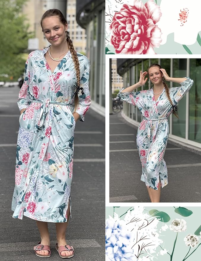 Ekouaer Robes for Women Long Knit Bathrobe Lightweight 3/4 Sleeves Kimono Robe Soft Sleepwear with Pockets S-XXL