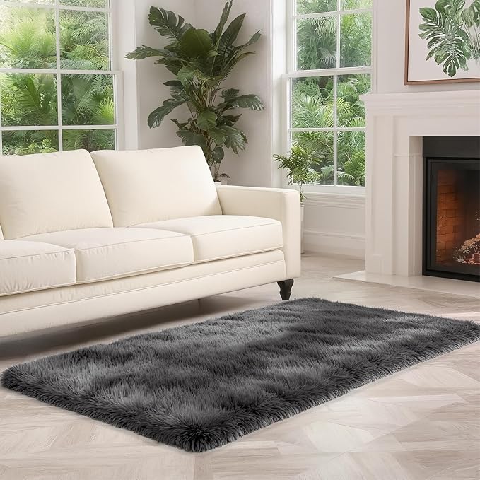 Ultra Soft Shag 3x5 Grey Area Rug – Fluffy Plush Rugs for Bedroom, Bedside, Living Room, Dorm, Kids and Girls Room, Study, Office, Playroom, Non-Slip Easy to Clean Home Décor Carpet