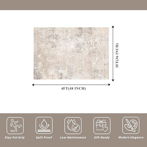 3x4 Washable Entryway Area Rug – Non-Slip Modern Abstract Small Area Rug for Kitchen, Bedroom, Bathroom – Soft Low-Pile Thin Indoor Door Mat (Beige Grey,3x4)