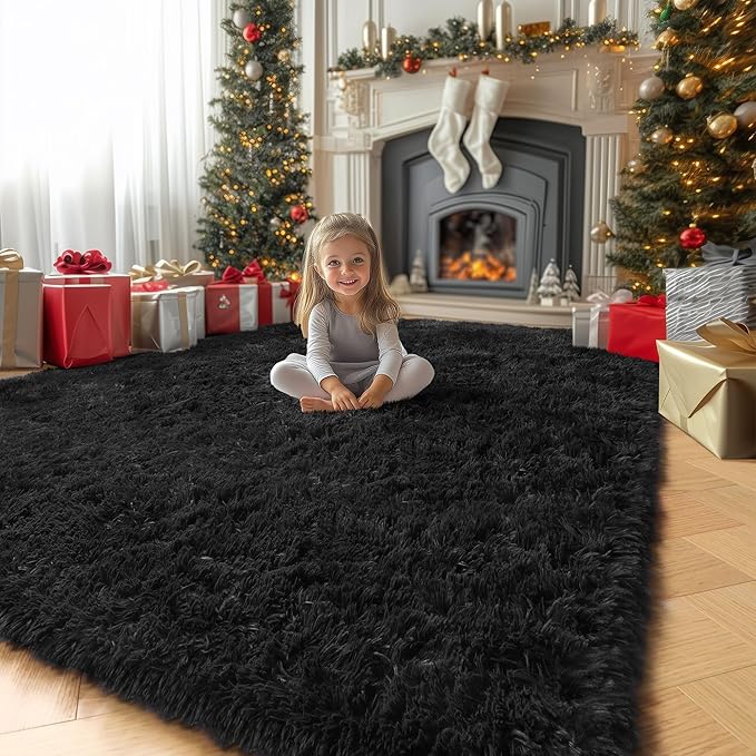 Amdrebio Black Rugs for Bedroom Living Room Decor Aesthetic, Fluffy Shag Furry Area Rugs for Kids, Men, Boys Room, Modern Cool Carpet for Classroom, Apartment, Nursery, Dorm, Office, 4x6 Shaggy Rug