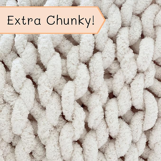 Adyrescia Chunky Knit Blanket Throw | 100% Hand Knit with Jumbo Chenille Yarn (30"x40", Cream White)