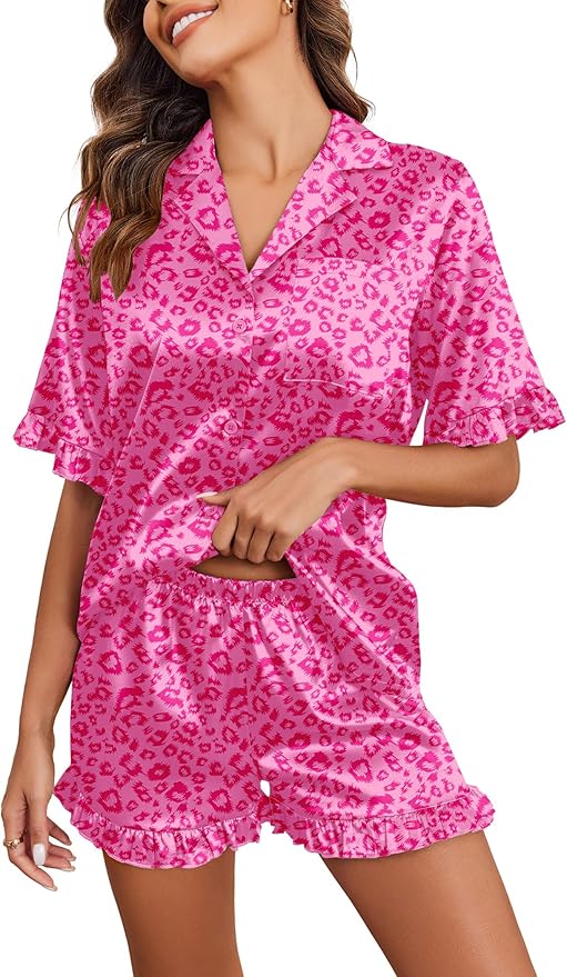 Ekouaer Satin Pajama Set for Women Button Down Silk 2 Piece Pj Sets Ruffle Short Sleeve Sleepwear