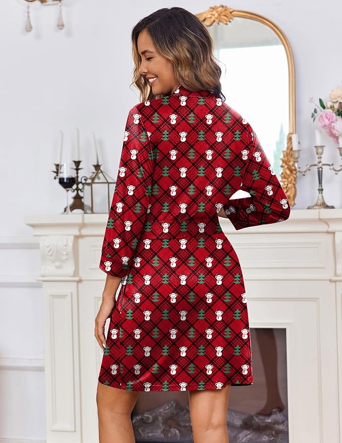 Ekouaer Women‘s Robes Lightweight 3/4 Sleeve Short Knit Bathrobe Soft Knee Length Sleepwear Robes with Pockets S-XXL
