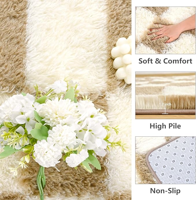 Beige and White Area Rugs, 5x7 Large Fluffy Rugs for Bedroom Living Room, Soft Shaggy Modern Indoor Carpets, Cute Plush Rugs for Kids Girls Room Nursery, High Pile Throw Rug for Home Decor