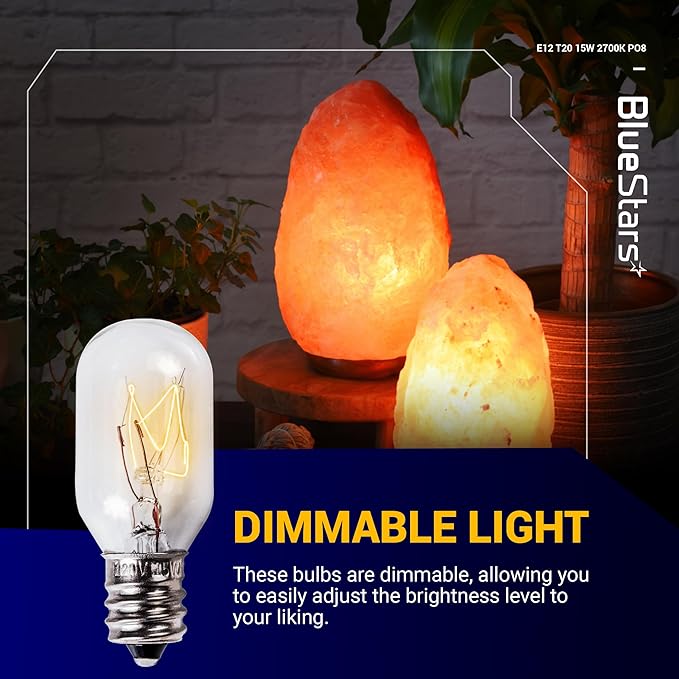 BlueStars E12 T20 Salt Lamp Bulb 120V 15W, 2700K Warm White, E12 Candelabra Base for Himalayan Salt Rock Lamps & Baskets, Scentsy Plug-in Wax Warmers, Night Lights - Pack of 8