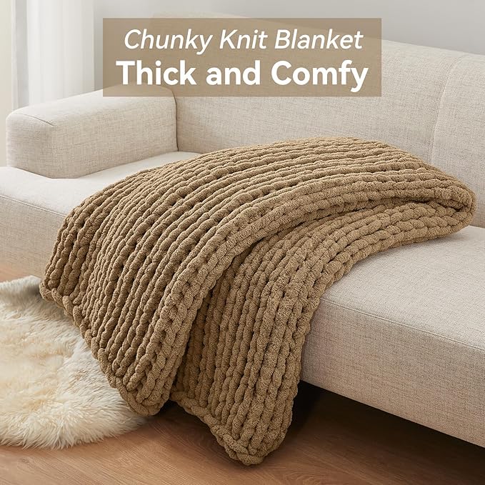 Negwoo Chunky Knit Throw Blanket, 50''*60'' Knitted Throw Chenille Yarn for Bed Couch, Handmade Light Brown Crochet Big Thick Blanket, Machine Washable Cute Comfy Blanket for Home Decor