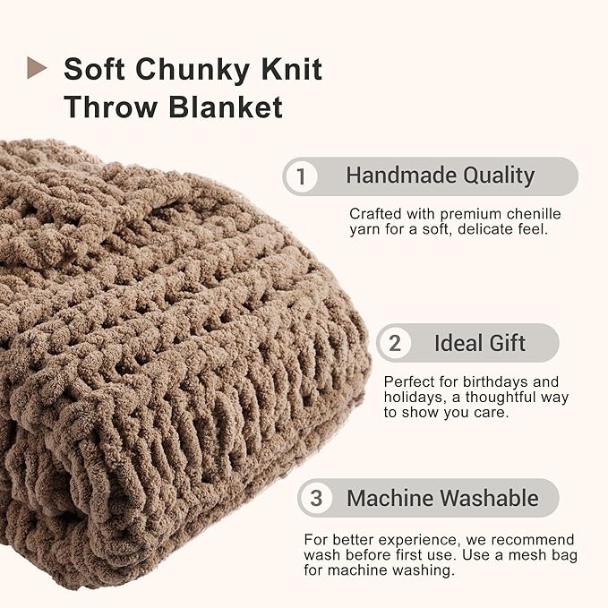 Battilo Beige Chunky Knit Throw Blanket for Couch, Super Soft Thick Warm Cable Knitted Blanket, Khaki Polyester Throw Taupe Blankets for Bed, Sofa, Living Room, 50"x60"