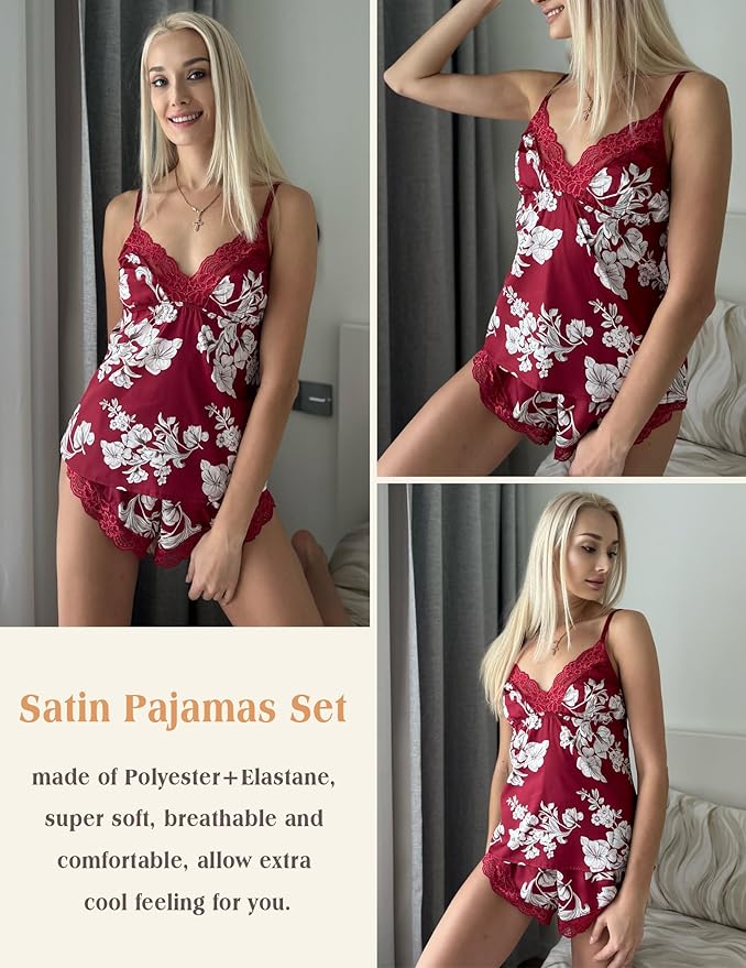 Avidlove Satin Pajamas Set Womens Lace Sleepwear Sexy Lingerie Cami Shorts Set S-XXL