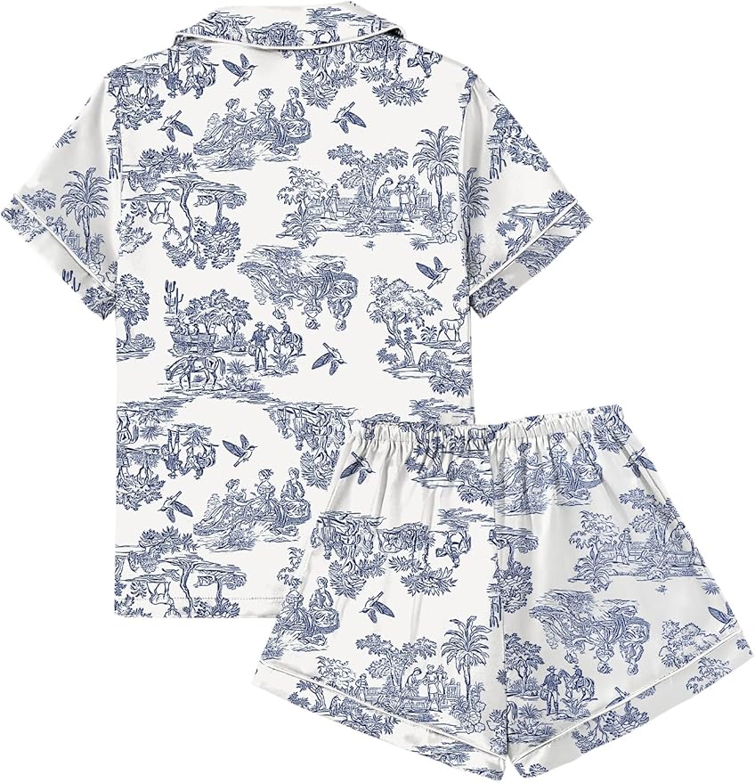 LYANER Women's Silky Satin Pajamas Set Short Sleeve Button Down Shirt With Shorts Pjs Set Sleepwear