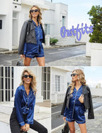 Ekouaer Satin Pajama Set for Women Button Down Pj Set Long Sleeve Top and Shorts 2 Piece Loungewear Summer Soft Sleepwear