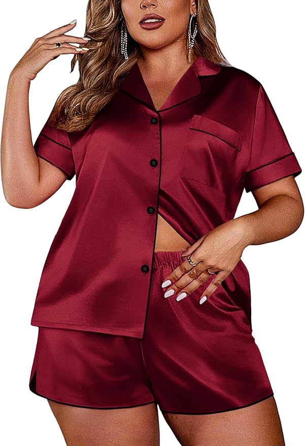 Ekouaer Womens Silk Satin Pajamas Set Short Sleeve Sleepwear Button Down Loungewear 2 Piece Pjs Shorts Set S-5X Plus Size