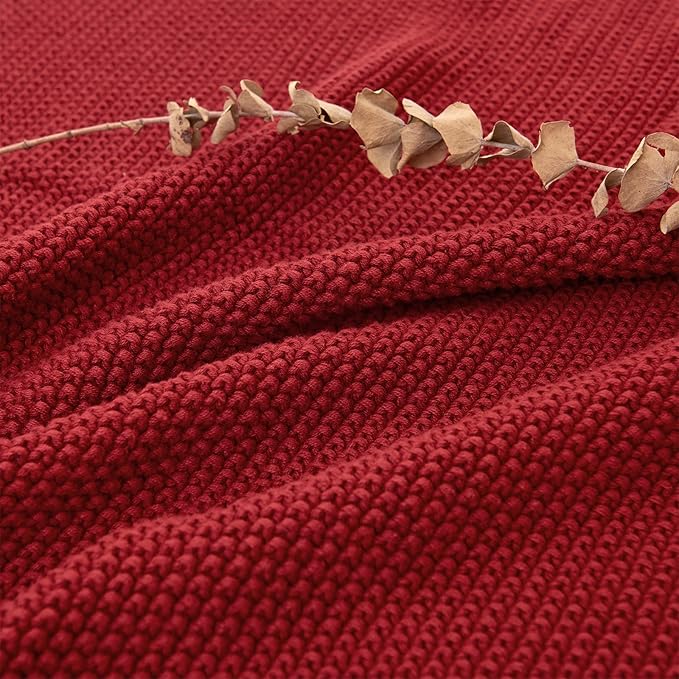 Longhui bedding Burgundy Cotton Cable Knit Throw Blanket for Couch Sofa Chair Bed Home Decorative, 2.5 Pounds 50 x 60 Inch Woven Throw Blankets with Bonus Laundering Bag