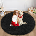 Faux Fur Black Round Rug 4ft for Bedroom, Black Fur Circle Rug Furry Shag Carpet for Living Room Kids Room Teen's Room, Plush Shaggy Circular Rug for Nursery Room Dorm