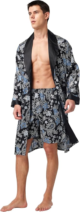 Tony & Candice Men's Satin Robe Lightweight Long Sleeve Silk Kimono Bathrobe with Shorts Set Sleepwear