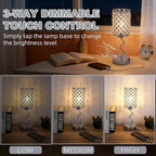 EOEYYOYB Crystal Table Lamp with 3 Way Dimmable Touch Control, Nightstand with USB A+C Ports, Modern Bedside Touch Lamp for Bedroom, Living Room, Office Reading, Silver
