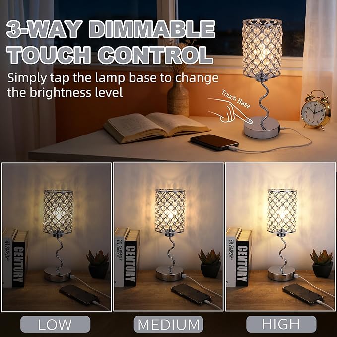 EOEYYOYB Crystal Table Lamp with 3 Way Dimmable Touch Control, Nightstand with USB A+C Ports, Modern Bedside Touch Lamp for Bedroom, Living Room, Office Reading, Silver